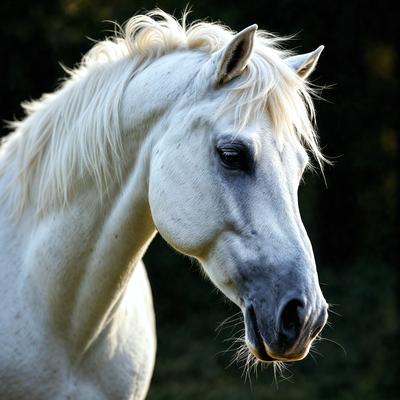 The primary subject of the image is a white horse with a flowing mane. The horse is standing in a grassy field, which serves as the setting for the scene. The visual style of the image is a photo, capturing the horse in its natural environment. The colors in the image are predominantly white, giving the scene a clean and serene atmosphere.